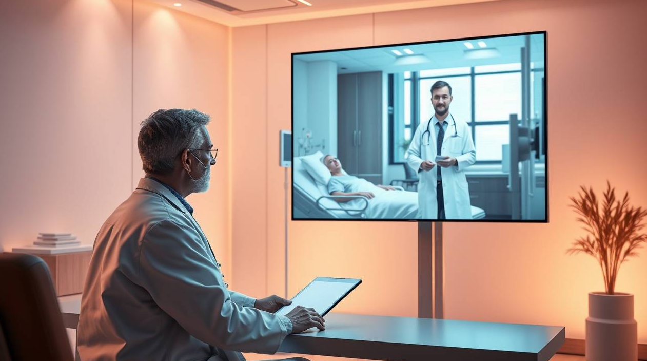 Doctors videoconferencing with patient