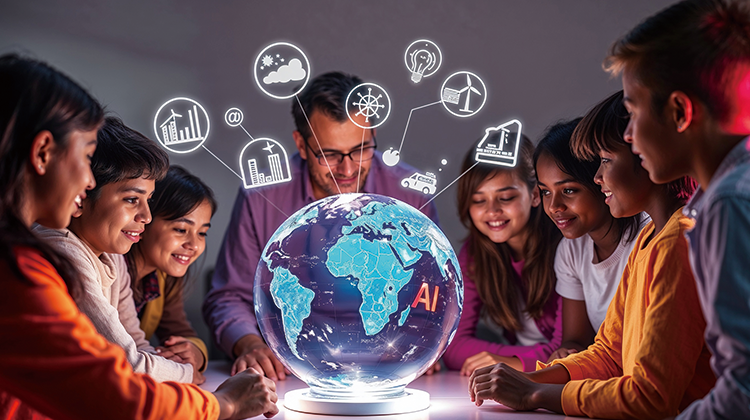 Teacher with students learning together about global issues