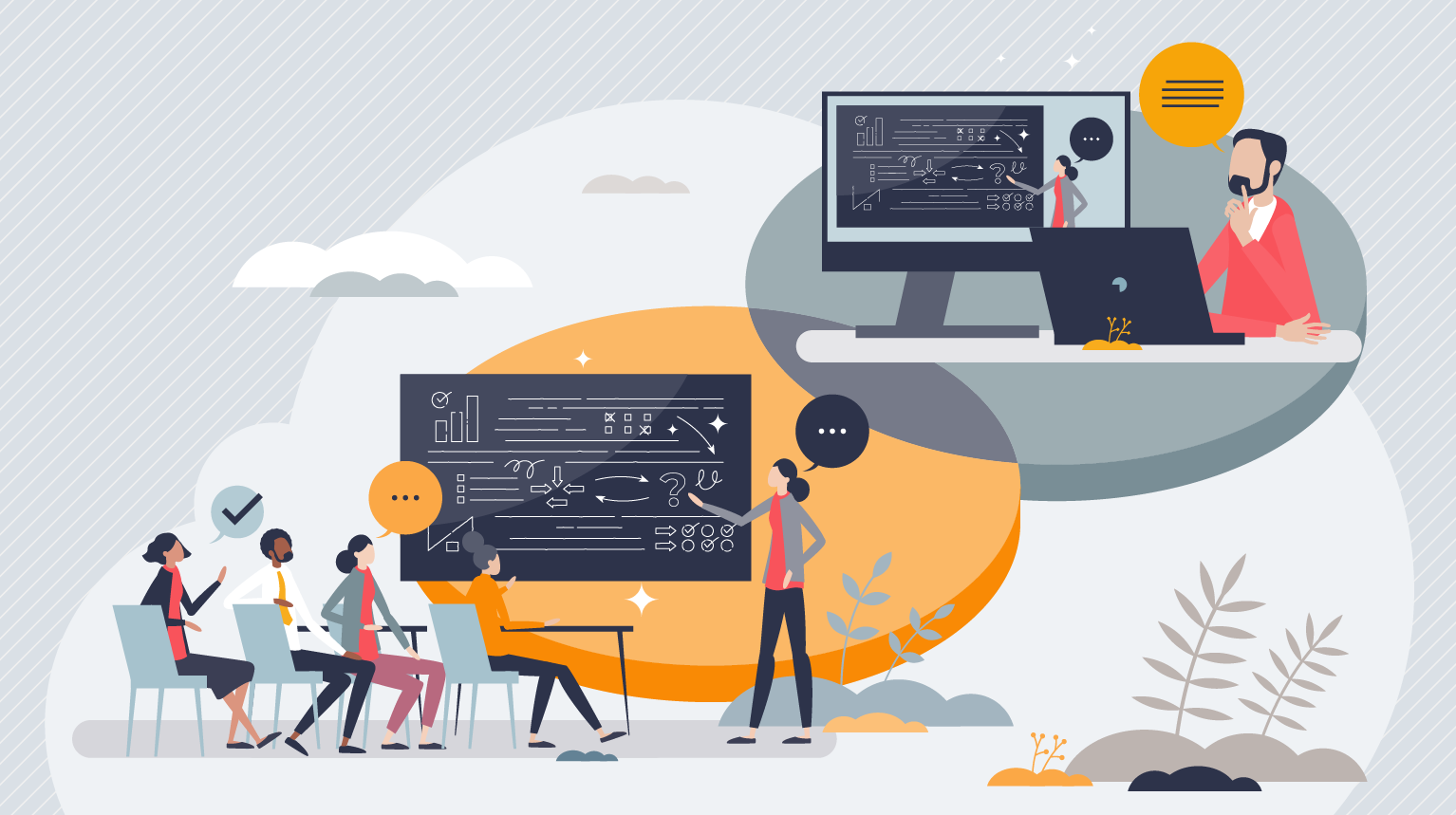 Image depicting a hybrid teaching experience with a teacher with a classroom of student on one side and a remotely connected student on another.