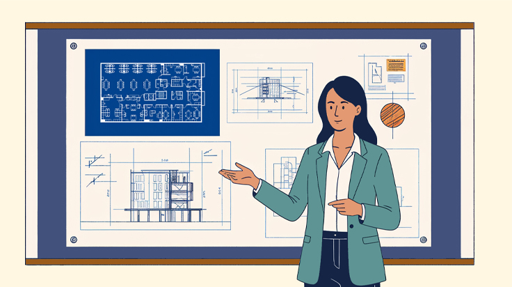 A woman planning for office space modernization with office space designs in the back